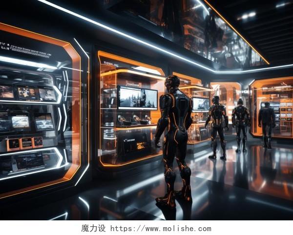 充满未来高科技感的黑色科技展厅场景机械臂机器人互动